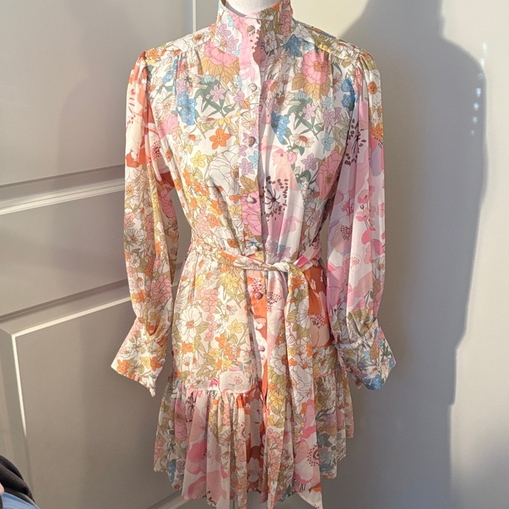 Pink Ripple Floral Long Sleeve Dress